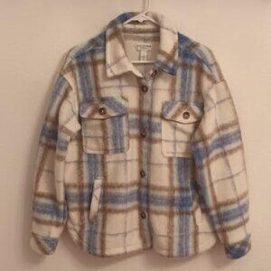 ARIZONA JEAN CO WOMEN'S JACKET FUZZY FLEECE BLUE BROWN CREAM PLAID BUTTON UP M